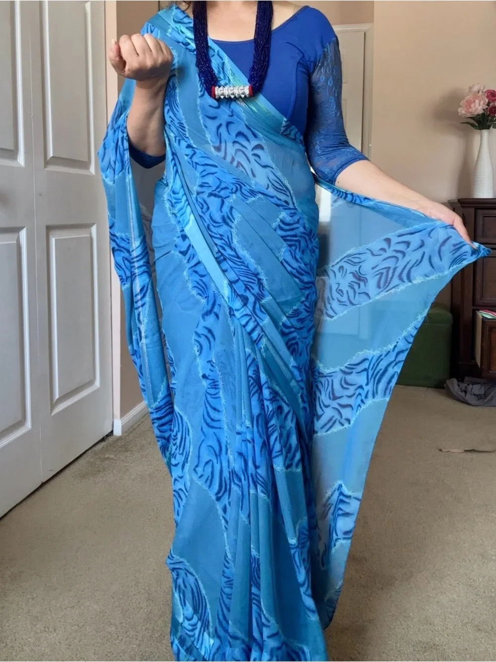 3 pieces set. Blue Patterned Saree with Matching Blouse and inner skirt.